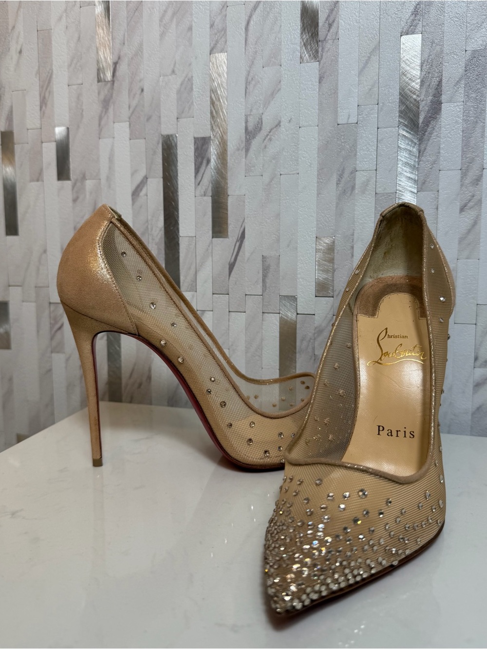 💎Christian Louboutin Nude Follies Strass Suede Rhinestones Heels 100 Size 39 - Picture 2 of 15